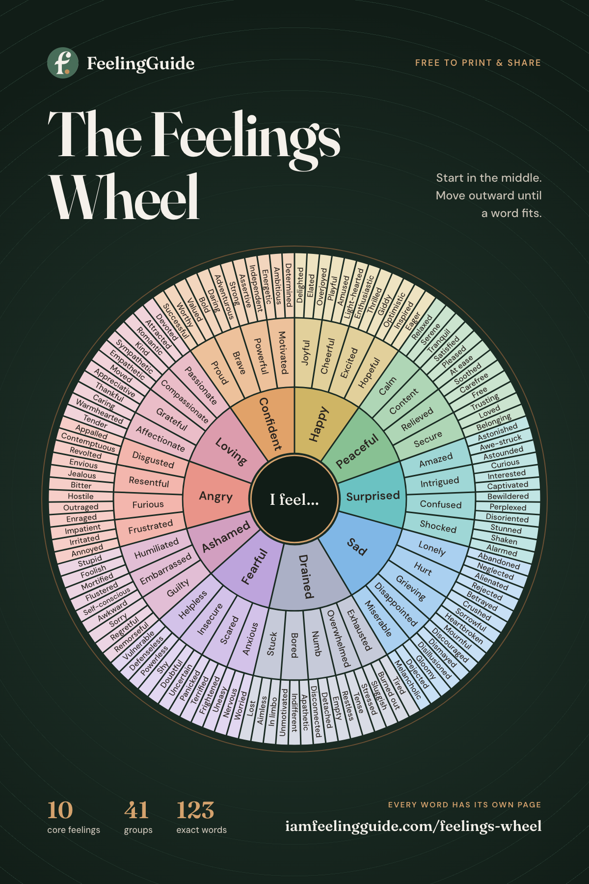 The FeelingGuide feelings wheel: 10 core feelings in the middle, 41 groups around them and 123 exact feeling words in the outer ring